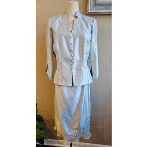 Plaza South Women's 2 Piece Embroidered Shantung Skirt Suit Church Size 10 Blue